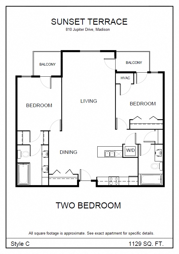 Floor plan for 2 beds, 2 baths, 1129 sqft